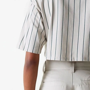 Women Striped <b>Crop</b> <b>Top</b> Crew Neck Short Sleeve Casual Woven Cotton T-Shirt Spring Summer Regular Fit - Product Image 5