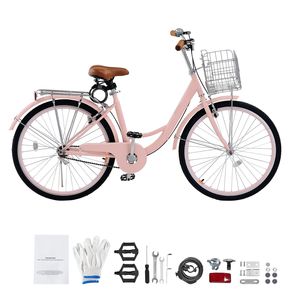 Bicicletta Cruiser da Spiaggia Rosa da 26 Pollici con Forcella in Alluminio, 1 Velocità, Portapacchi Posteriore di Grande Capacità e Cestino, Sicura e Robusta - Product Image 1
