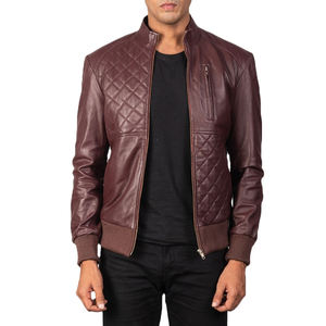 MEN HIGH QUALITY DIAMOND QUILTED MAROON REAL SHEEPSKIN <b>LEATHER</b> BOMBER <b>JACKET</b> WITH RIBBED HEMS AND STAND COLLAR - Product Image 2