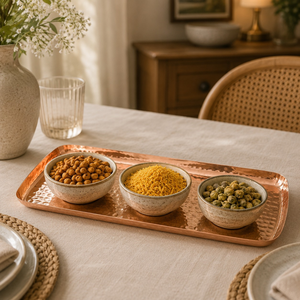 Plateau de service en cuivre de qualité supérieure 12x5 pouces |   Plateau rectangulaire en métal martelé pour table à manger, service, décoration de cuisine, organisateur - Product Image 2