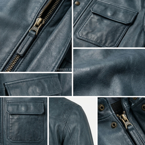 Veste en cuir bleue personnalisée pour homme, fournisseur en gros, OEM ODM, effet vieilli, multi-poches, col montant, manteau d'extérieur - Product Image 6