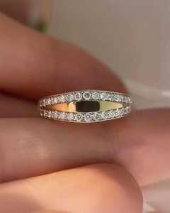 Double Row Round Cut Lab Diamond Wide Band <b>Stacking</b> Ring 14K Solid Gold Surprise Wedding Party Gift For Partner - Product Image 3