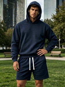 Ensemble sweat-shirt à capuche et short pour homme, bleu marine, décontracté, couleur unie, tissu French Terry, tenue d'été - Product Image 4