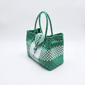Summer Fashion <b>Hand</b> Woven Bag Green And White Gingham Checkerboard Plaid Pattern Secure Button Loop Closure For Women - Product Image 2
