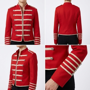 Men's Red Double Breasted Stylish <b>Jacket</b> With Silver Buttons Stand Collar Formal Winter Coat Regular Length - Product Image 5