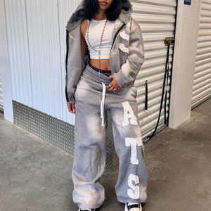 Hot Selling 100% Cotton Acid Wash Fade Tracksuit Distressed Embroidered Patch Logo Heavyweight Autumn Set Applique Street Wear - Product Image 1