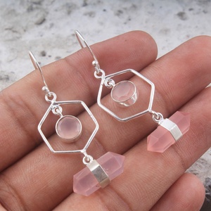 Natural Rose Quartz Geometric Hexagon <b>Dangle</b> <b>Earrings</b> 925 Sterling Silver Handmade Crystal Drop <b>Earrings</b> for Women - Product Image 2