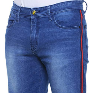 Shorts en jean pour homme bleu moyen avec bande contrastante sur le côté, mélange de coton, coupe droite, coutures renforcées - Product Image 4