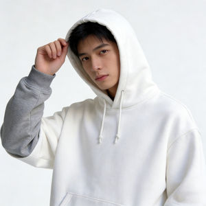 Sweat à capuche oversize blanc pour homme 0EM, manches superposées, poche contrastante, en polaire, épaules tombantes, style streetwear décontracté - Product Image 6