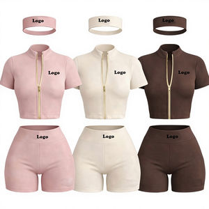 Women Two Piece Winter Fleece Activewear Set Full Sleeve Zip Crop <b>Jacket</b> Booty Shorts Headband Yoga Gym <b>Workout</b> Fitness Outfit - Product Image 2