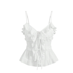Women's <b>White</b> Solid Ruffle Strapless Cami <b>Top</b> <b>Tie</b> Front Peplum Sleeveless Casual Summer Fitted Tank <b>Top</b> XL - Product Image 2