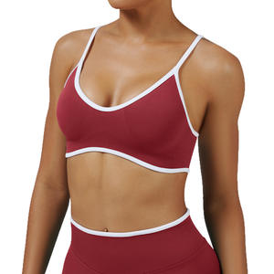 Soutien-gorge de sport côtelé pour femme, col rond, bordure contrastée, extensible, sans couture, pour yoga, fitness, entraînement, crop top - Product Image 2