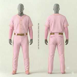 Ensemble uniforme de baseball rose clair à fines rayures pour homme, maillot à manches courtes et pantalon avec bordure crème et orange pastel, en polyester respirant - Product Image 1