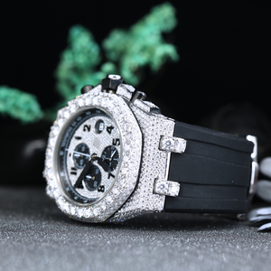 Montre chronographe de luxe sertie de diamants – Montre à quartz pour homme avec lunette entièrement sertie de diamants Moissanite CZ et bracelet en caoutchouc noir - Product Image 3