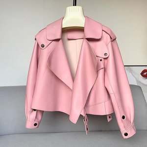 Veste moto en cuir PU pour femme, col rabattu, manches longues, fermeture boutonnée, couleur unie, veste de motard courte, automne - Product Image 3