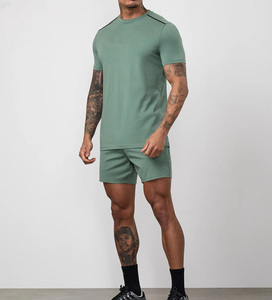 Green T Shirt and Shorts <b>Set</b> OEM Custom Logo Men’s 2 Piece Neutral Color Breathable Slim Fit Gym Best Sportswear Workout Outfit - Product Image 1