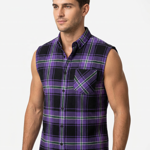 Camisa de Franela a Cuadros sin Mangas para Hombre, Personalizada con Estampado, Cuello con Botones, Informal, de Algodón Transpirable, Estilo Primavera - Product Image 3