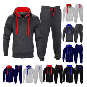 <b>mens</b> black and red contrast tracksuit full zip hooded jacket and <b>cuffed</b> <b>jogger</b> pants set casual fleece activewear winter sports - Product Image 4