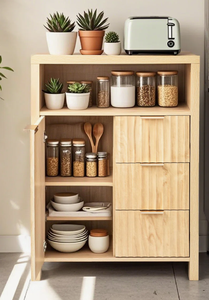 NOUVEAU Meuble de rangement moderne en chêne clair cannelé avec étagère ouverte, 1 porte et 3 tiroirs, buffet en bois pour salon et entrée - Product Image 5