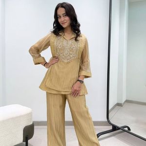 Elegant Beige Knee-Length Regular Fit <b>Kurti</b> Pant Dupatta Set Embroidered Yoke Pleated <b>Indian</b> Pakistani Outfit for Party Wedding - Product Image 1