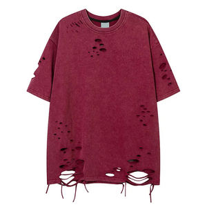 T-shirt Homme Uni Déchiré Coupe Oversize 100% Coton Tricoté Respirant Décontracté - Product Image 5