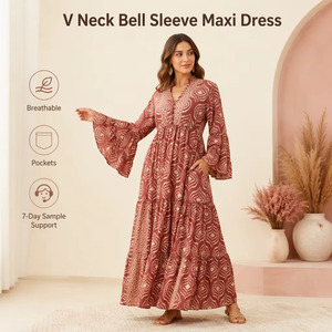 <b>Women</b> Boho Floral Print Maxi <b>Dress</b> V Neck Bell Sleeve Empire Waist Tiered Long Casual Summer <b>Dress</b> - Product Image 1
