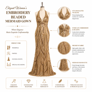 Luxury Gold Embroidered Beaded Mermaid Evening Gown for Women Halter Neck <b>Sequin</b> Formal Party Wedding Prom Maxi Dress Elegant - Product Image 5