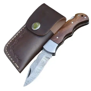Cuchillo Plegable de Acero de Damasco de Grado Industrial con Mango de Madera, Hoja de Punta Caída, Apertura Deslizante, Herramienta EDC para Camping y Senderismo - Product Image 1