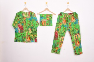 Conjunto de Pijama de Algodón Estampado a Mano para Mujer, Ropa de Dormir con Estampado Floral, Cuello Redondo, Conjunto de Tres Piezas - Product Image 2