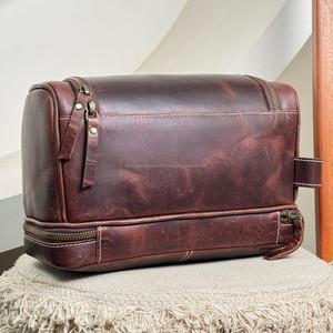 High Quality Full Grain Leather Travel Toiletry <b>Bags</b> <b>for</b> <b>Men</b> Hanging Dopp Kit with Zipper Compartments Shaving Organizer Pouch - Product Image 5