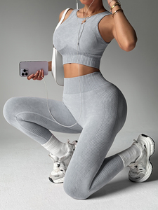 2-Piece Solid Breathable Gym Yoga Wear Set Sports <b>Bra</b> High Waist Leggings 100% Squat Proof Seamless Design Custom Logo - Product Image 2
