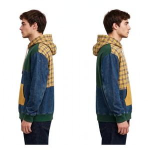 NEXTEX Sweat à capuche unisexe patchwork en molleton de coton doux, avec poches, motifs jaune à carreaux, vert forêt, bleu denim et moutarde - Product Image 3
