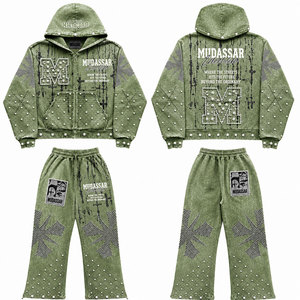 Ensemble de survêtement décontracté d'hiver 100% coton avec fermeture éclair, motif géométrique, strass, 450 GSM - Product Image 5