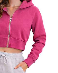 Sudadera con capucha corta personalizada para mujer, con cremallera, manga larga, informal, de felpa suave, estilo urbano, color rosa, para otoño e invierno. - Product Image 4
