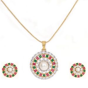 Gold Plated <b>Ruby</b> CZ Pendant Set Water Pearl Centerpiece <b>Necklace</b> with Earrings Traditional Indian Bridal Jewelry Gift for Her - Product Image 3