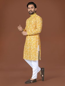 <b>Men's</b> Digital Printed Cotton <b>Kurta</b> White Chinos Regular Fit Traditional Ethnic Wear for Casual/Party Occasions India Quick Dry - Product Image 5