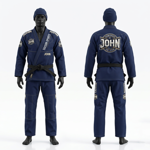 Combinaison de BJJ en coton tissé perlé de qualité supérieure 450 GSM, bleu marine, avec genouillères renforcées, broderie personnalisée, patchs tissés, logo - Product Image 2