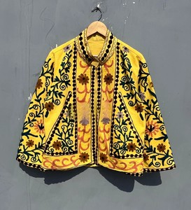 Yellow Embroidered Cotton Jacket for Women Handcrafted Ethnic Floral Thread Work <b>Cardigan</b> Open Front Boho <b>Summer</b> Coat - Product Image 1