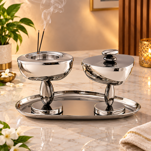 Stainless Steel <b>Silver</b> Modern Incense Holder Bowl <b>Tray</b> Set Bakhoor Dhoop | Luxury Aromatherapy Burner Ramadan Eid Home <b>Decor</b> - Product Image 4