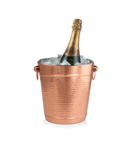 <b>Copper</b> Hammered Wine Ice Bucket with Wood <b>Knobs</b> Double Wall Vacuum Insulated LED Lit Customizable Capacity - Product Image 2