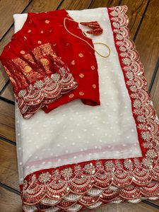 Traditional Indian Georgette Saree <b>Red</b> Embroidered Border White <b>Blouse</b> Wedding Party Wear Women's Bridal Outfit Floor Length - Product Image 4