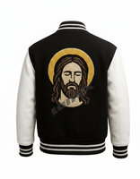 Jaket Varsity Musim Dingin Pria Desain Baru Hitam Putih Bordir LOVE JESUS Kancing Tunggal Tahan Air Berkerudung