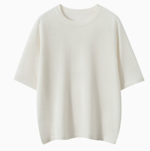 T-shirt en tricot à col rond et manches courtes pour femme, couleur unie, coupe ample, respirant, style minimaliste, pour le printemps et l'été - Product Image 5