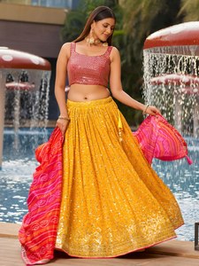 Modern <b>Sequined</b> Sleeveless <b>Crop</b> <b>Top</b> with A-Line Floor-Length Skirt Breathable in Yellow and Pink for Bridesmaid Wear - Product Image 3