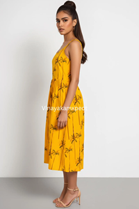 Vestido Largo de Algodón Amarillo Mostaza con Estampado Artesanal de Palmeras, Estilo Boho, Sin Mangas, Moda Veraniega Sostenible - Product Image 6