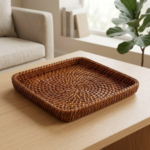 Round Eco-Friendly Natural Rattan Serving <b>Tray</b> With Wood Handles Handwoven Wicker Storage <b>Basket</b> Platter For Coffee Table Decor - Product Image 3