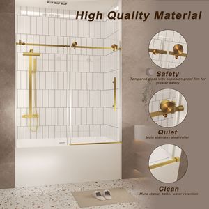 Frameless 60\"W X 60\"H Tempered Glass Shower Door <b>Explosion</b>-Proof Film Brushed Gold Stainless Steel Handle 1/4\" (6mm) Clear - Product Image 5