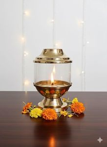 Diya en laiton avec couvercle en verre résistant à la chaleur, décoration d'intérieur, porte-bougie - Product Image 6