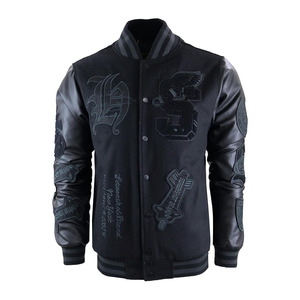 <b>Men's</b> Black PU Varsity <b>Jacket</b> <b>Letter</b> Design Turn-down Collar Casual Streetwear Style - Product Image 1
