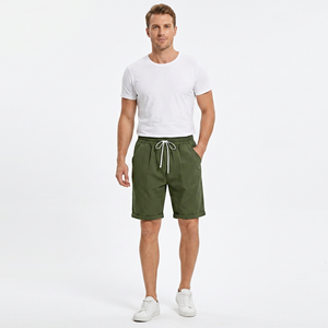 Shorts Bermuda en coton vert uni pour homme avec cordon de serrage à la taille et poches, décontractés, respirants, mi-longs - Product Image 2